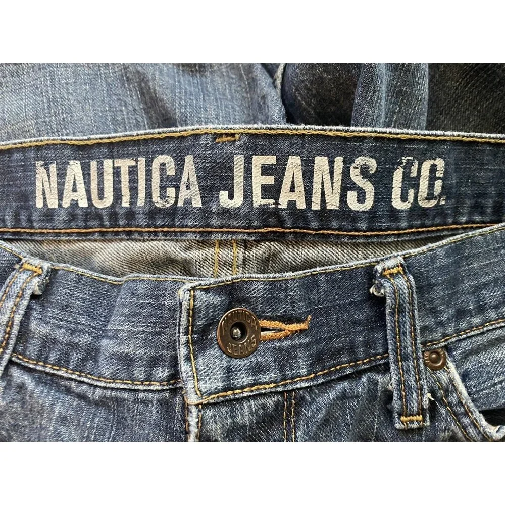 Vintage NAUTICA Jeans Mens‎ 36x34 Blue Denim LOOSE Baggy Faded Washout Whiskered